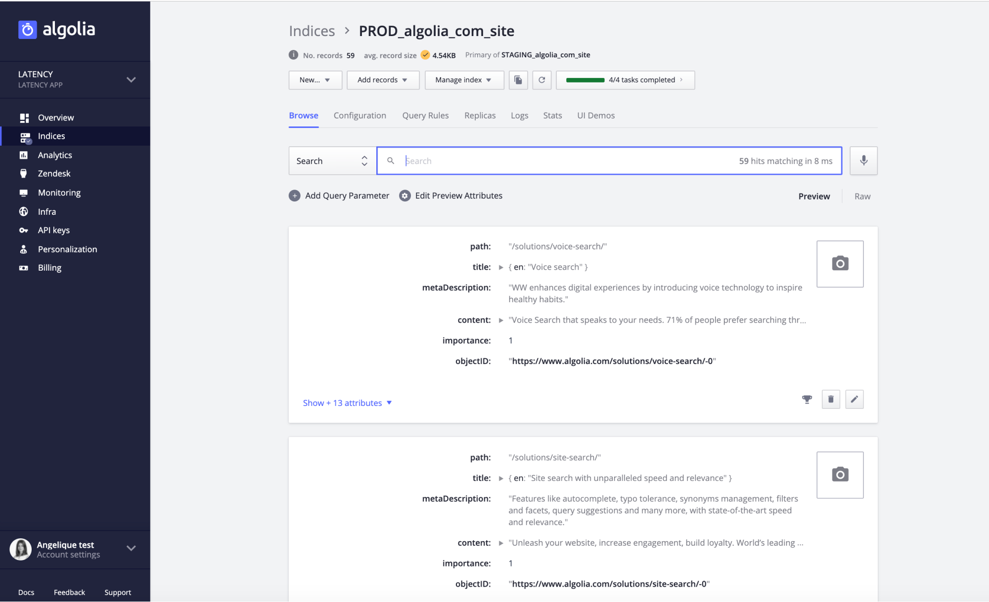 Algolia dashboard for your data.