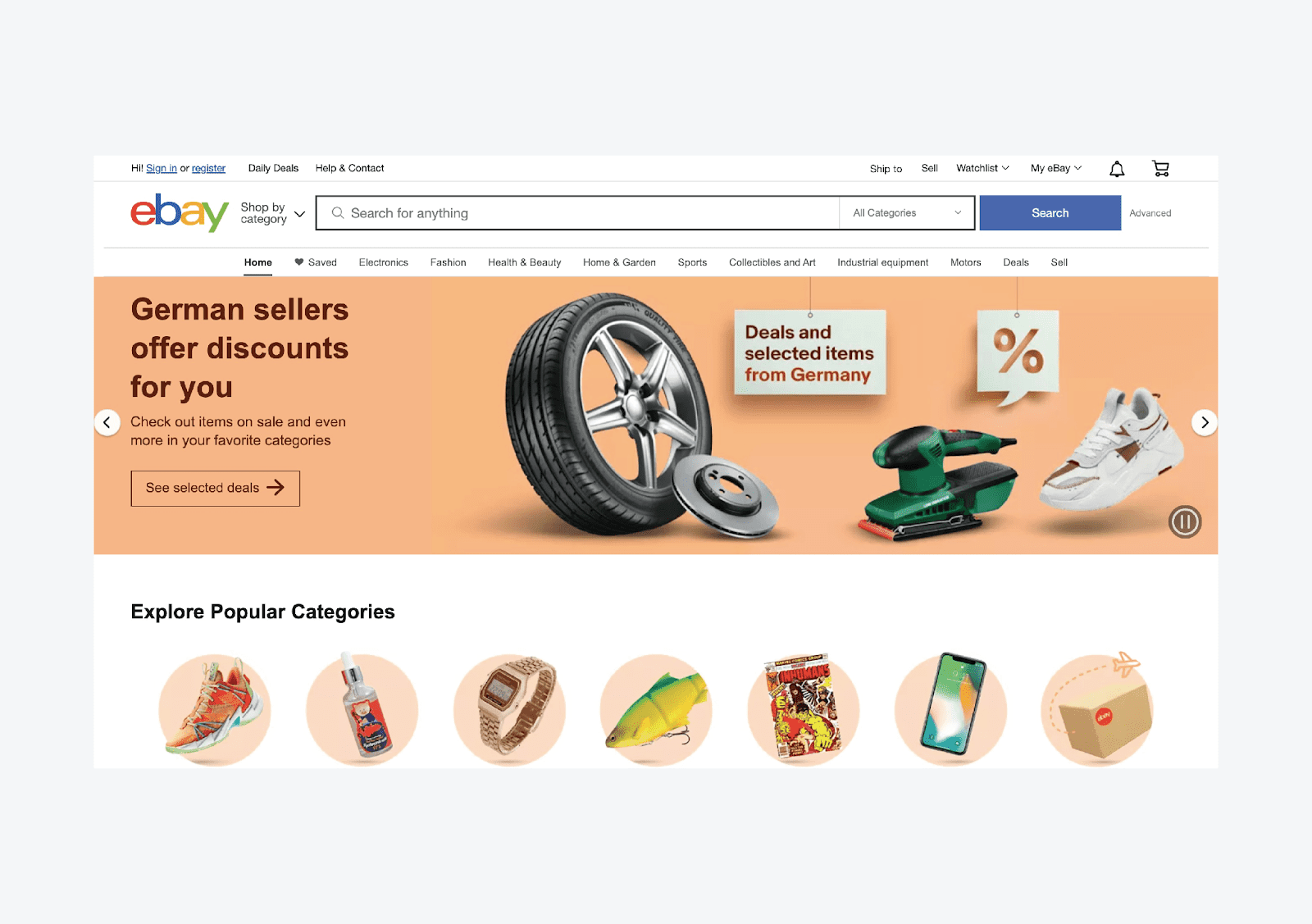 Ebay website with logo and search bar