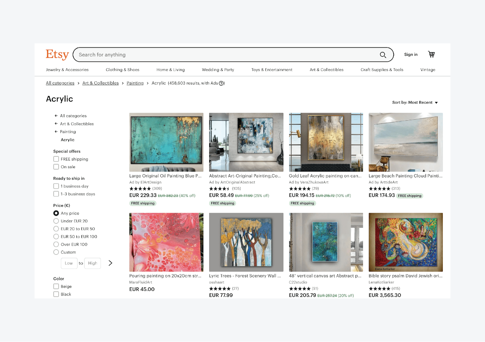 Etsy website with side panel navigation