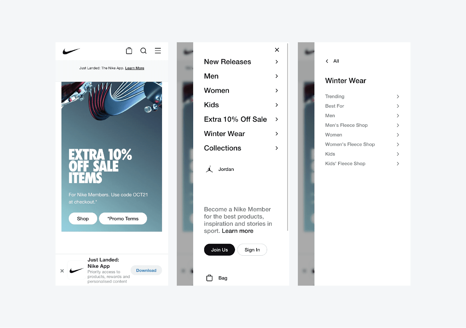 Nike mobile menu search