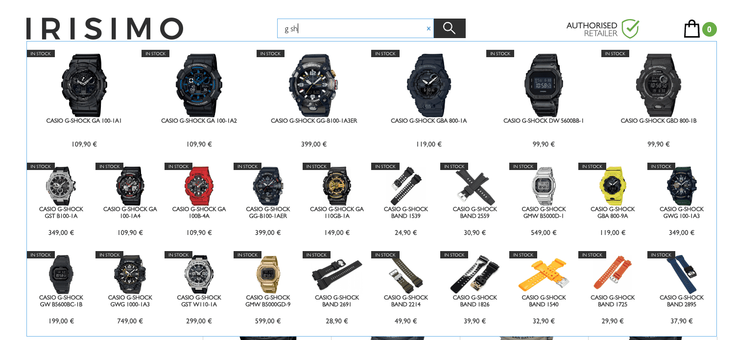 Autcomplete results for G-Shock.